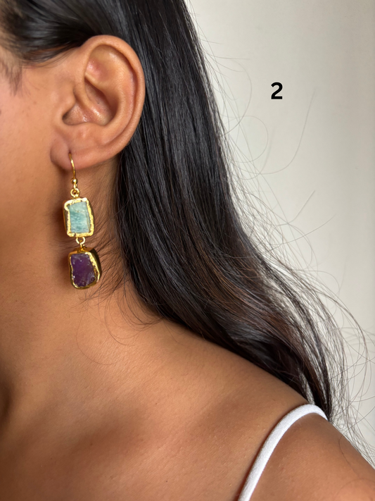 Duo Natural Stone Danglers- Brass