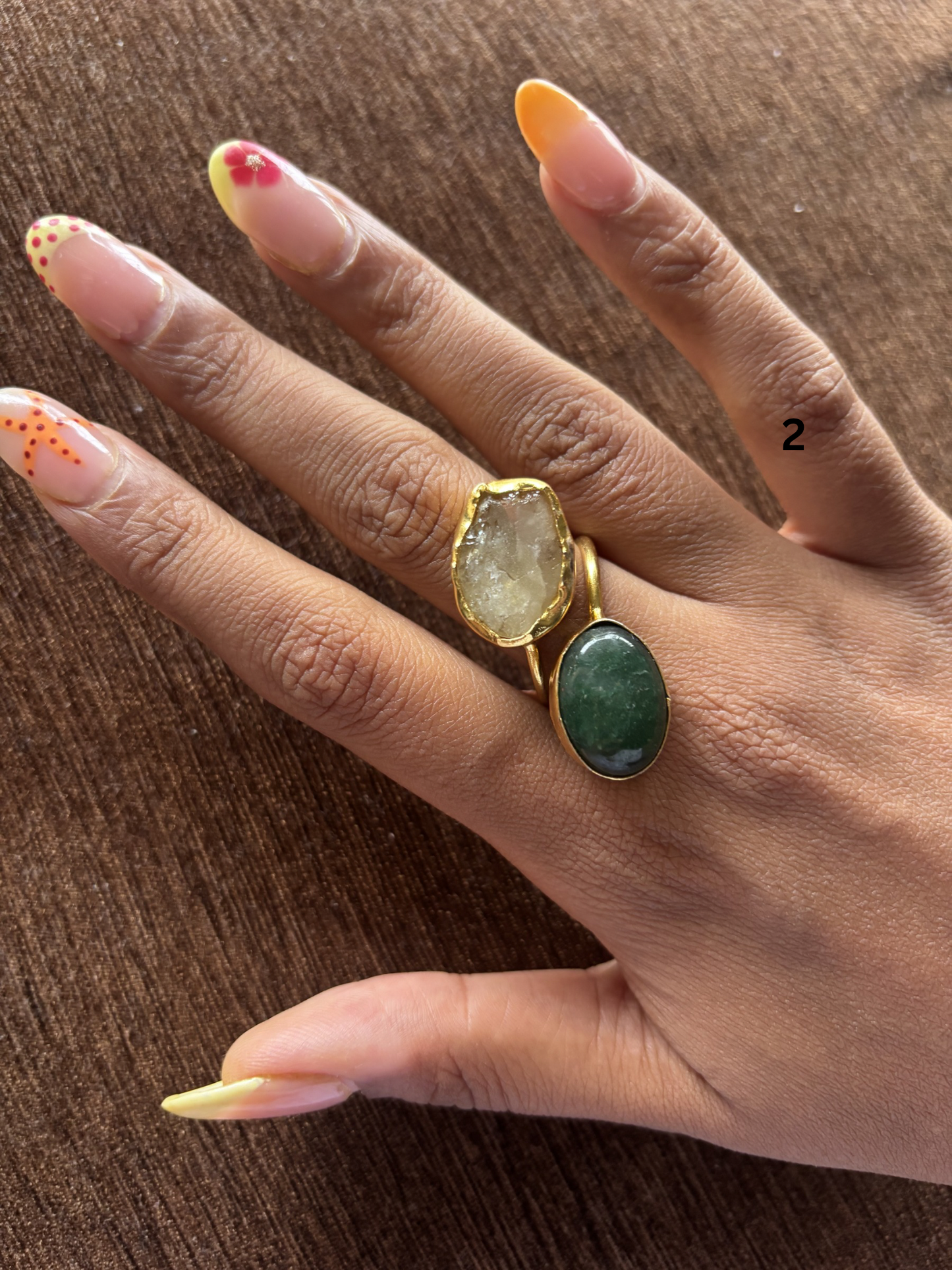 Mix Color Duo Natural Stone Adjustable Ring - Brass