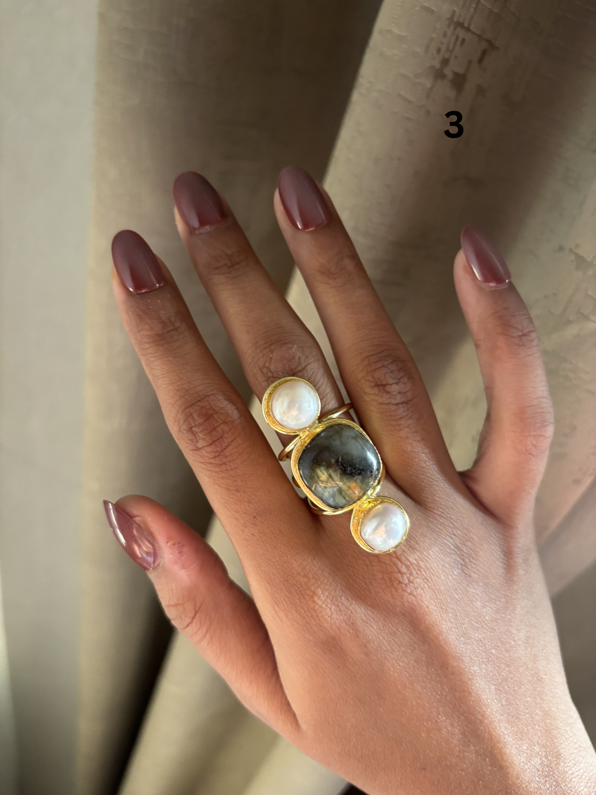 Charles Trio Natural Stone Adjustable Ring- Brass