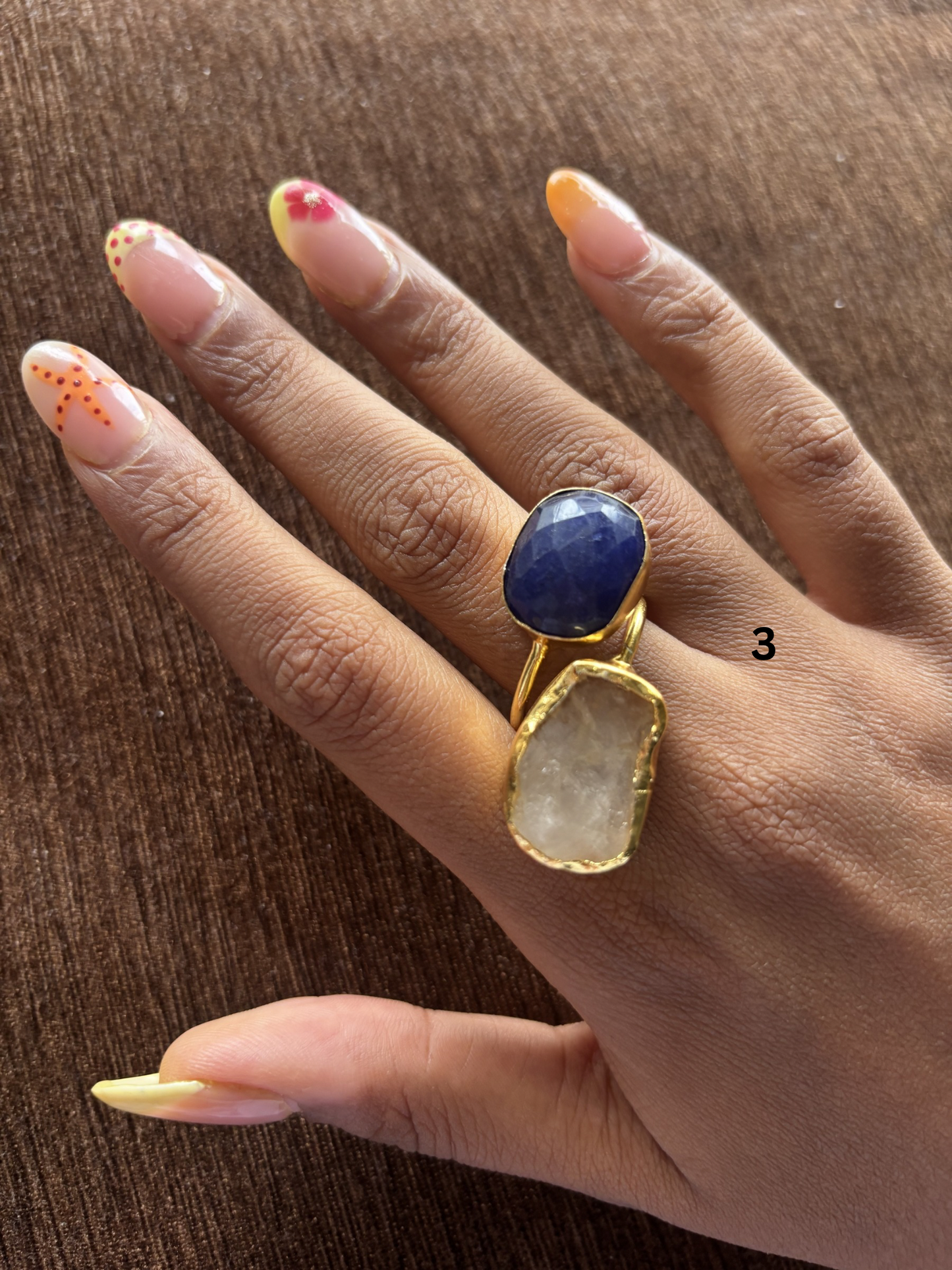 Mix Color Duo Natural Stone Adjustable Ring - Brass