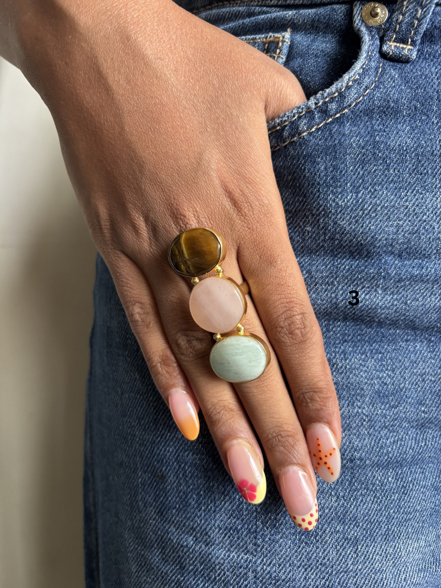 Popsicle Natural Stone Adjustable Ring Brass