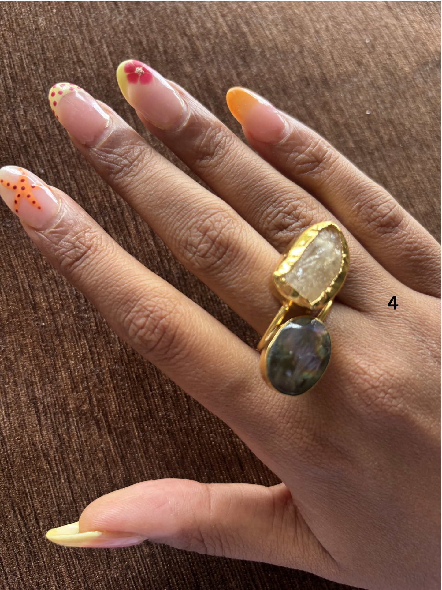 Mix Color Duo Natural Stone Adjustable Ring - Brass