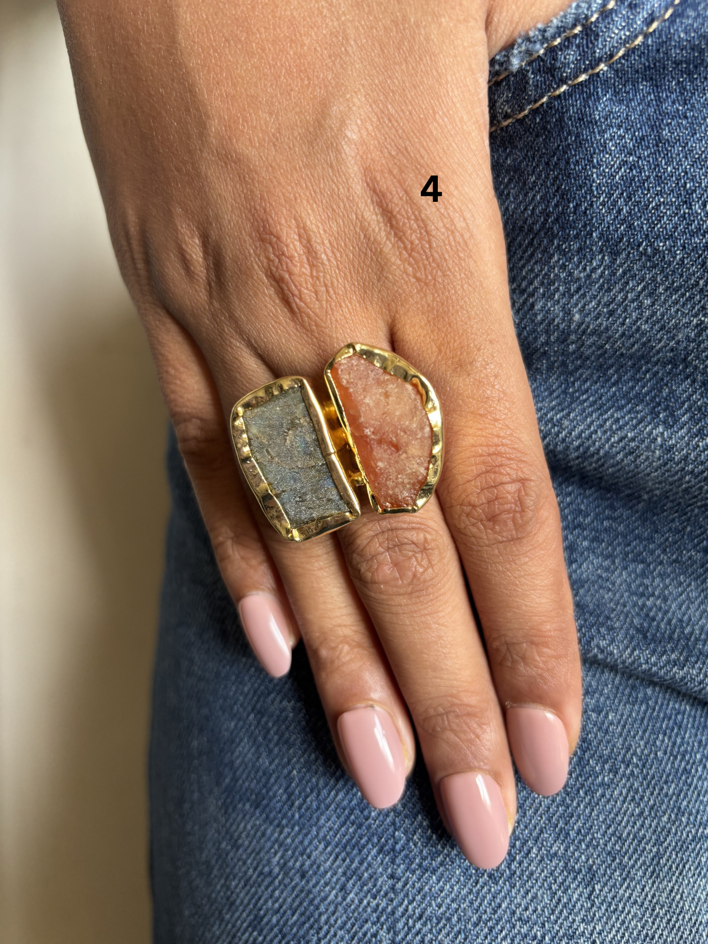Duo Natural Stone Adjustable Ring - Brass