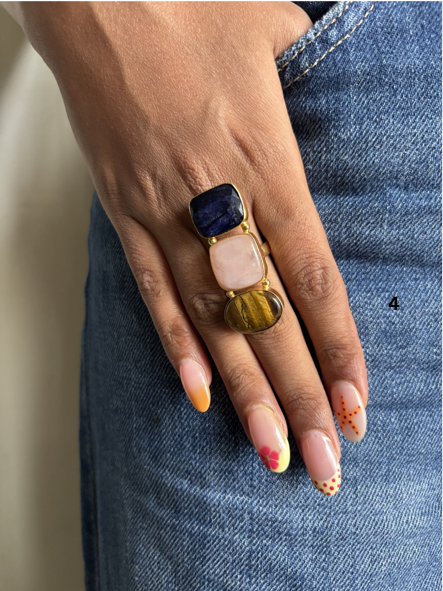 Popsicle Natural Stone Adjustable Ring Brass