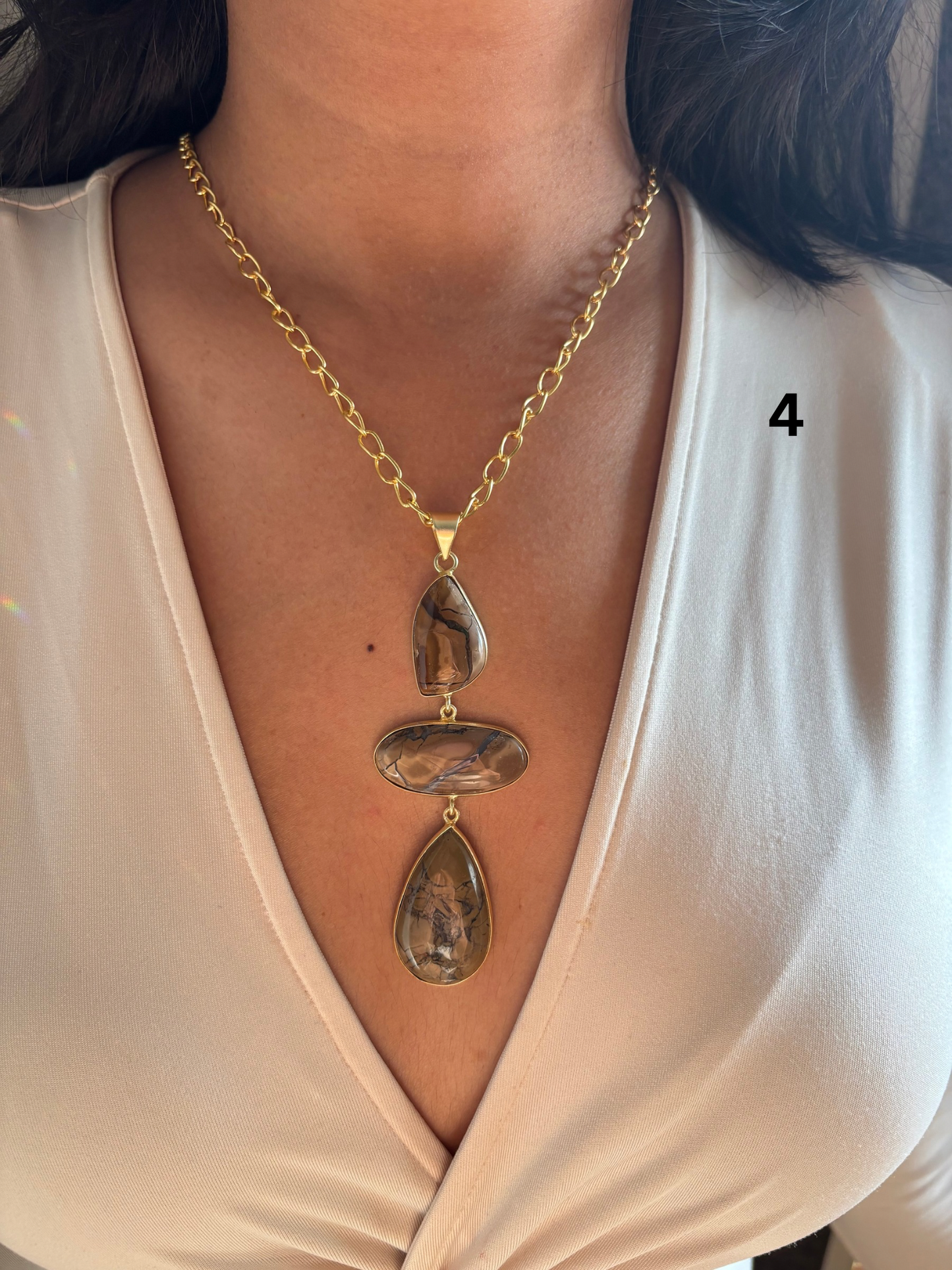 Vintage Jasper Natural Stone Necklace - Brass