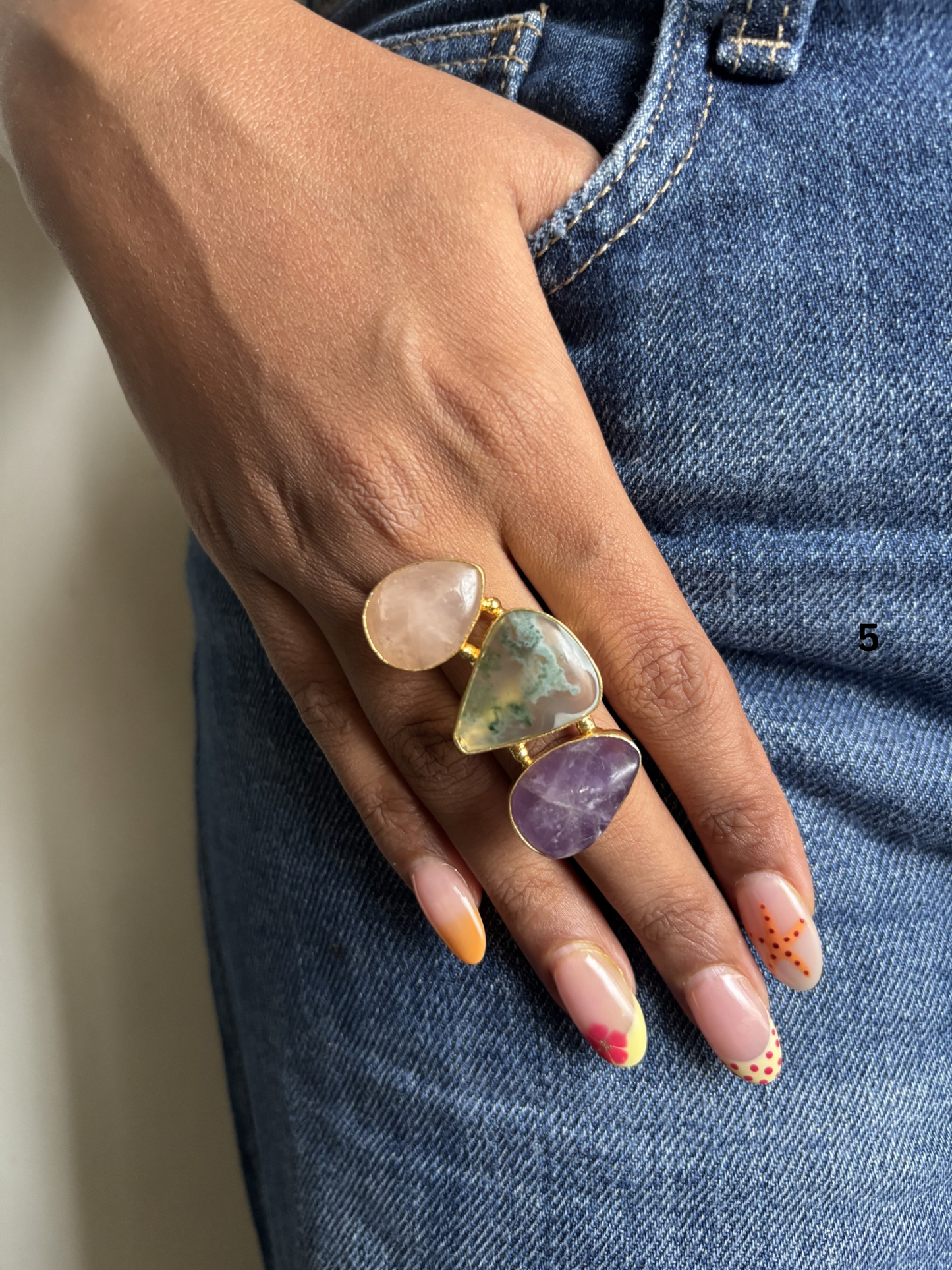 Popsicle Natural Stone Adjustable Ring Brass