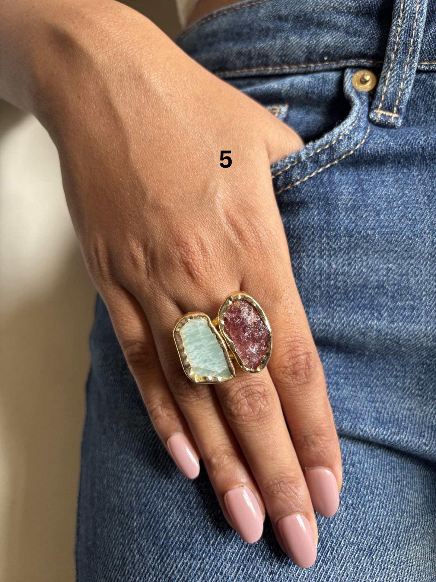 Duo Natural Stone Adjustable Ring - Brass
