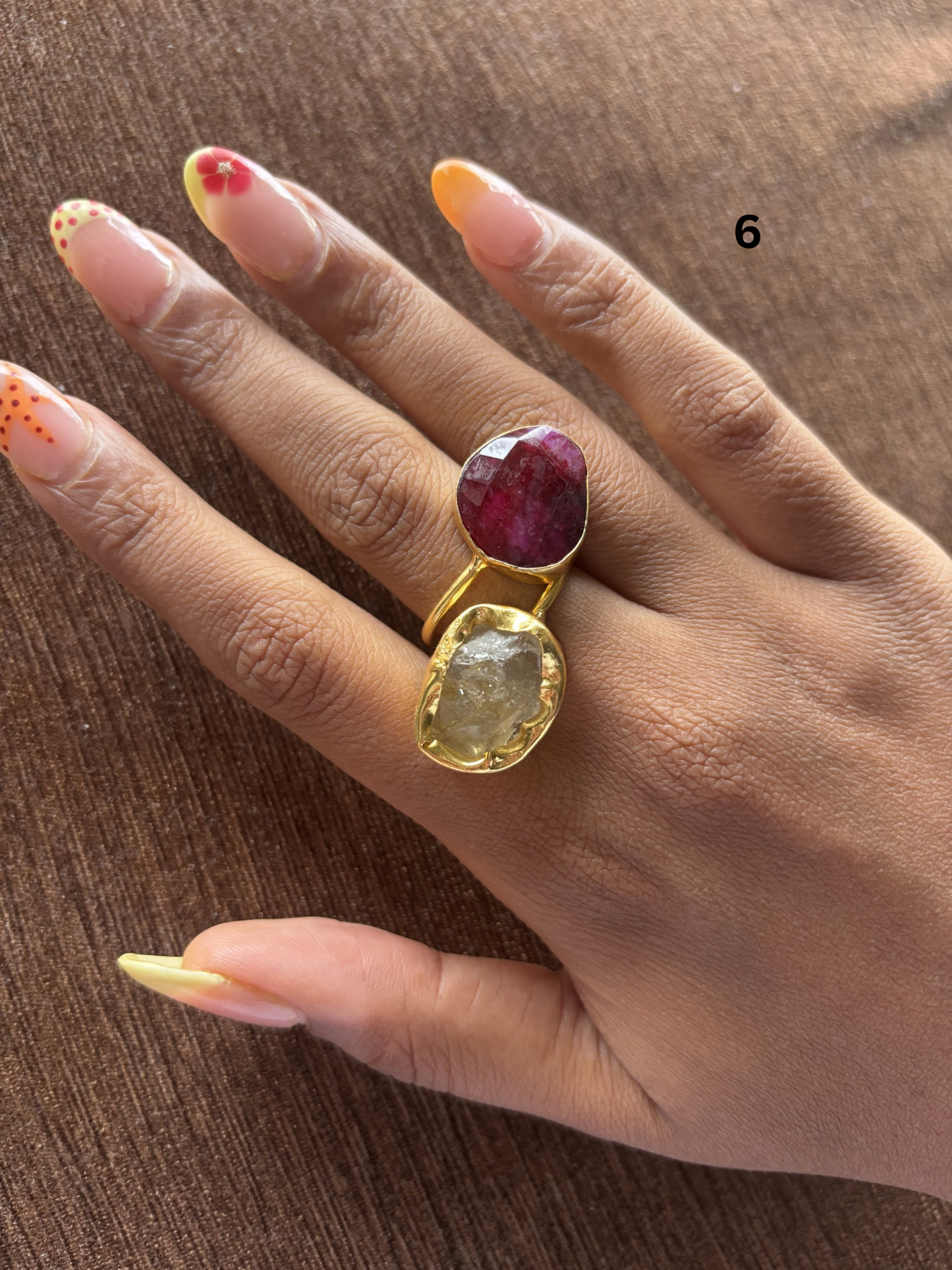 Mix Color Duo Natural Stone Adjustable Ring - Brass