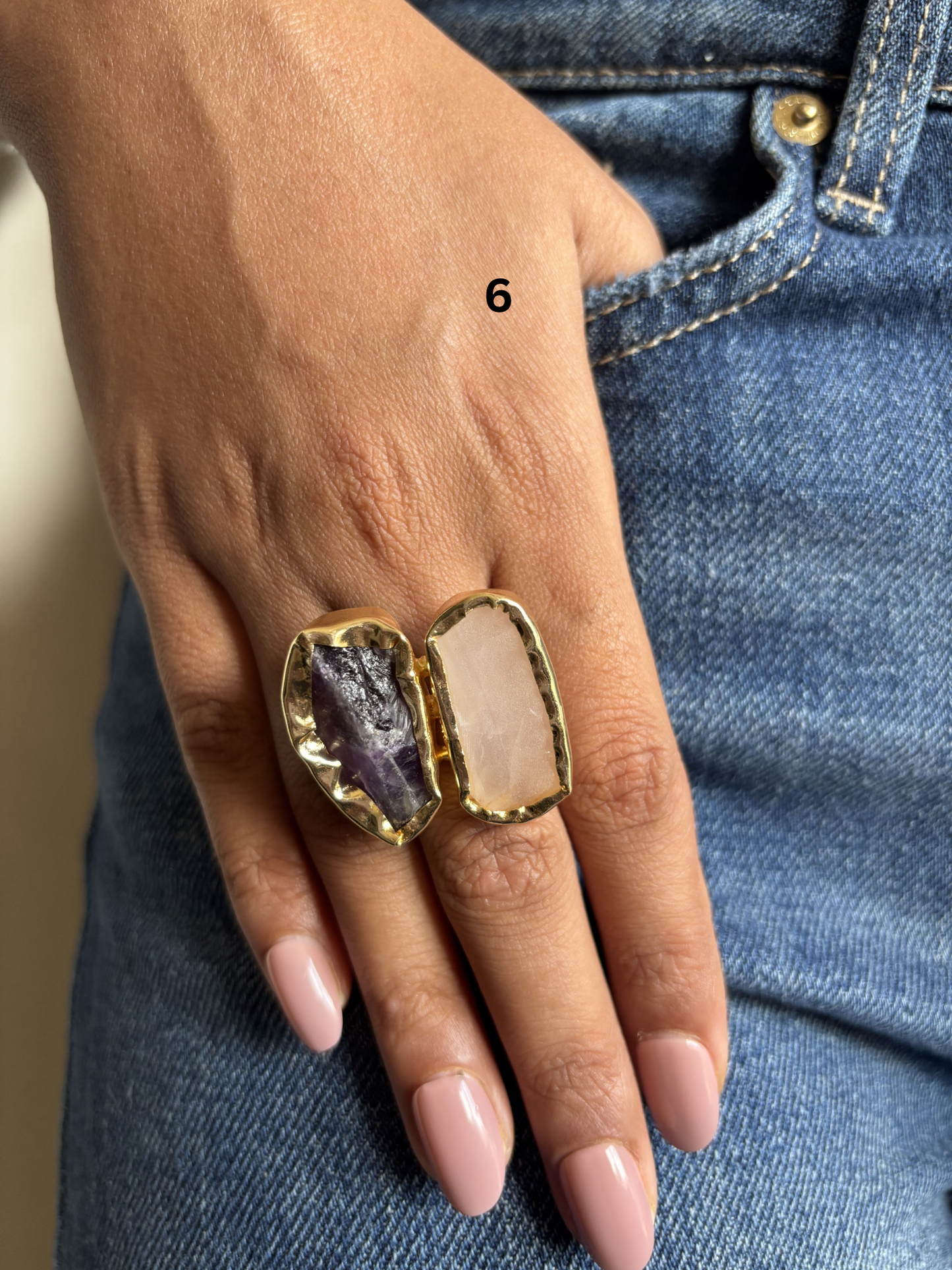 Duo Natural Stone Adjustable Ring - Brass