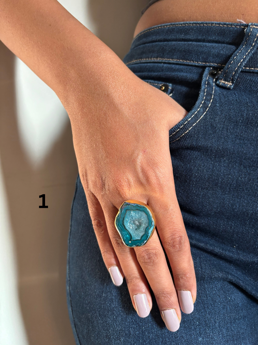Turquoise Agate Natural Stone Ring - Adjustable Brass