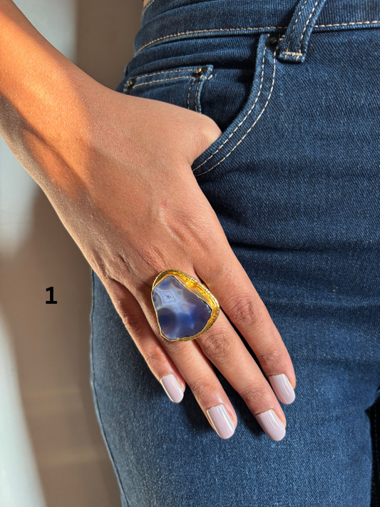 Blue Agate Natural Stone Adjustable Ring - Brass