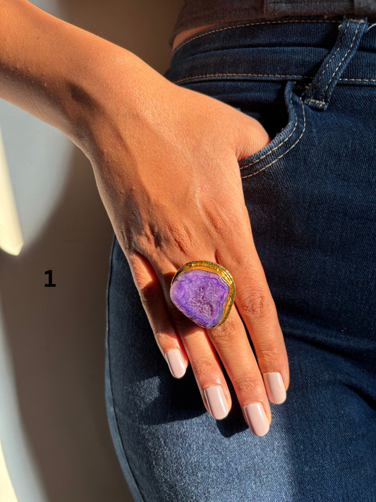 Mix Color Agate Adjustable Ring-  Brass