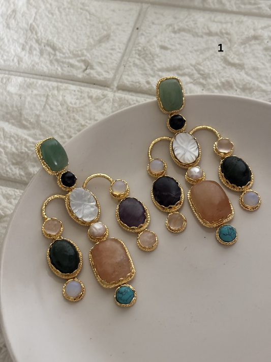 Gaze Natural Stone Danglers -Brass