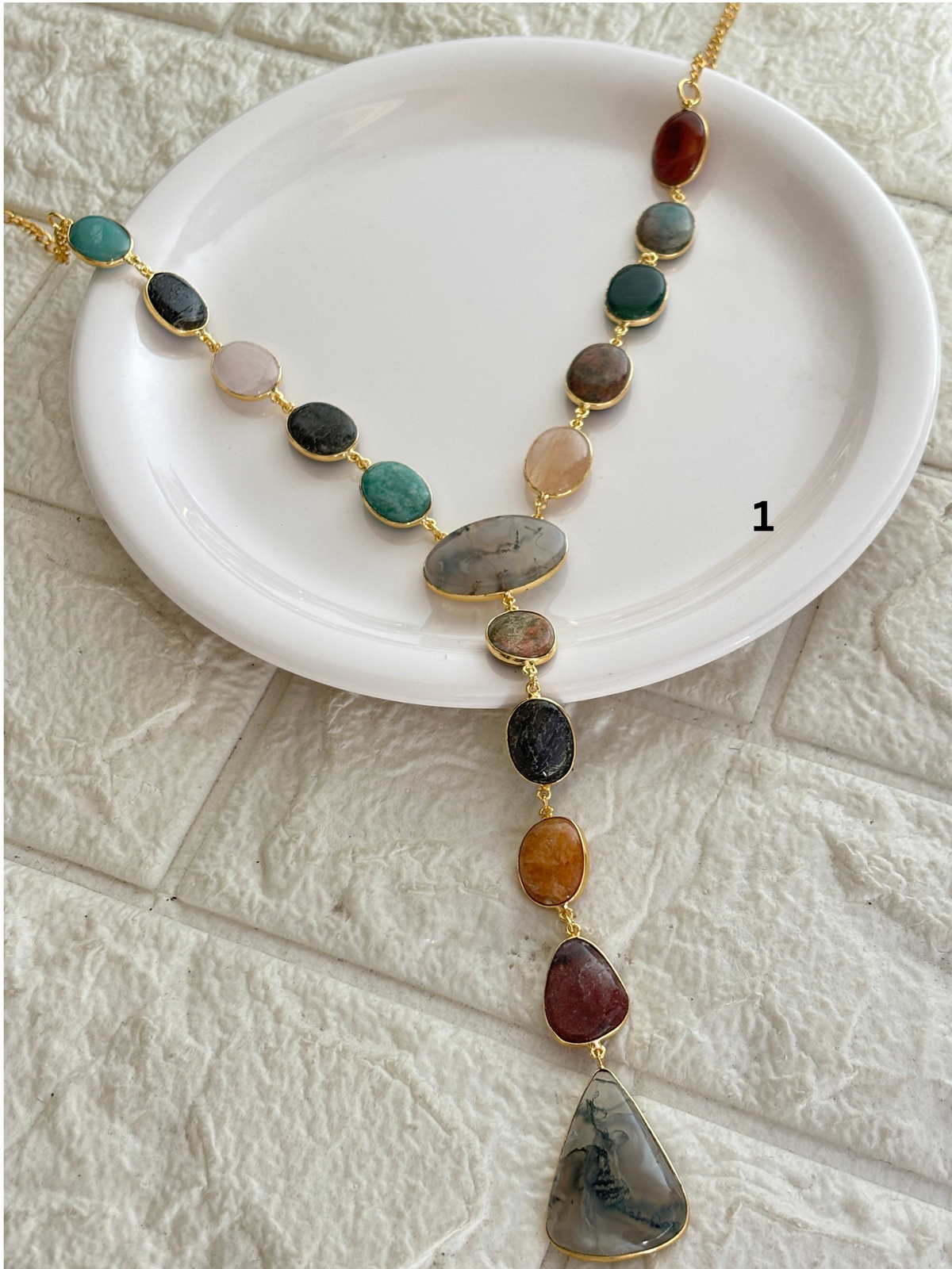 Veronica Natural Stone Y Necklace Brass