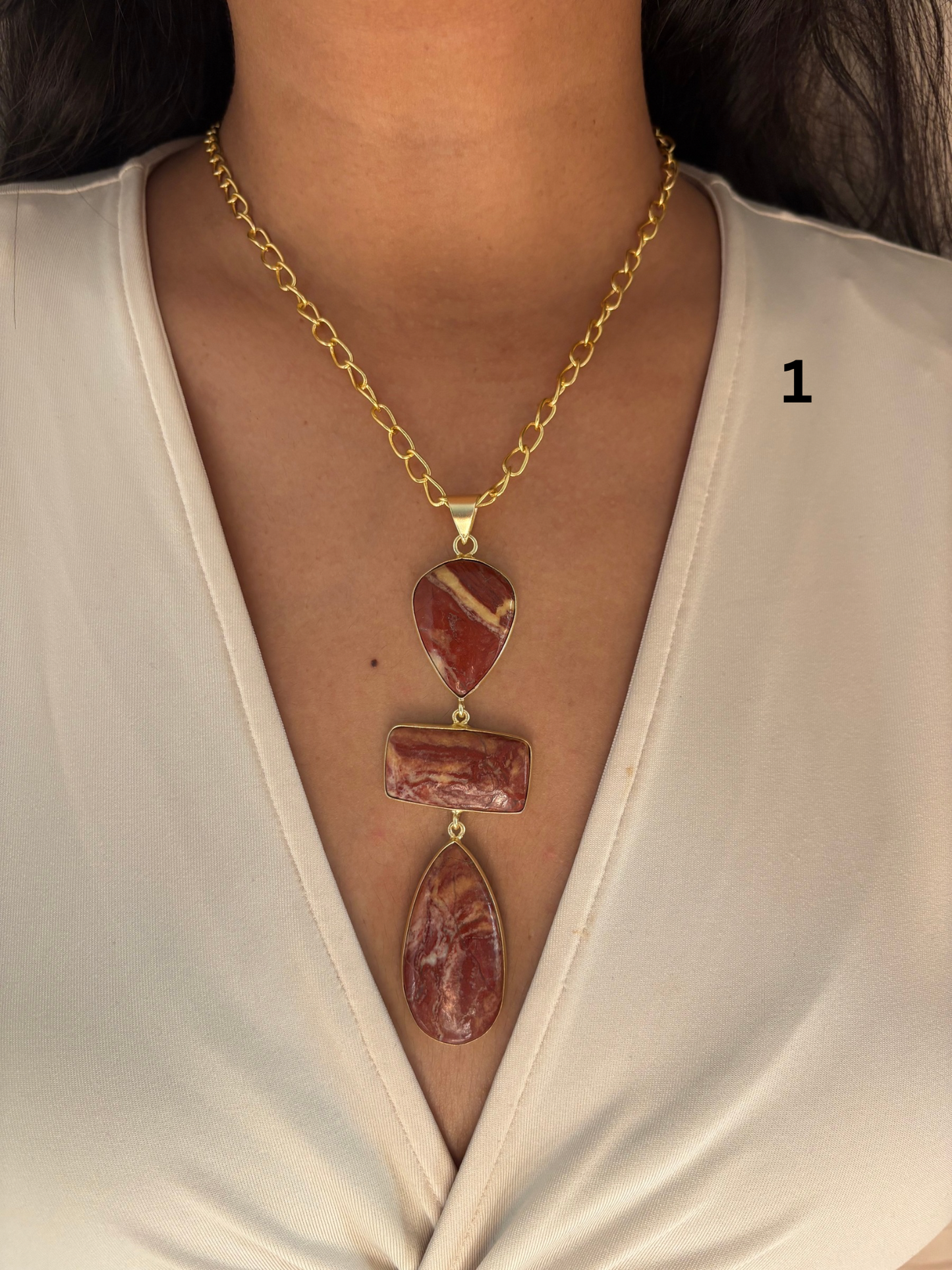 Vintage Jasper Natural Stone Necklace - Brass