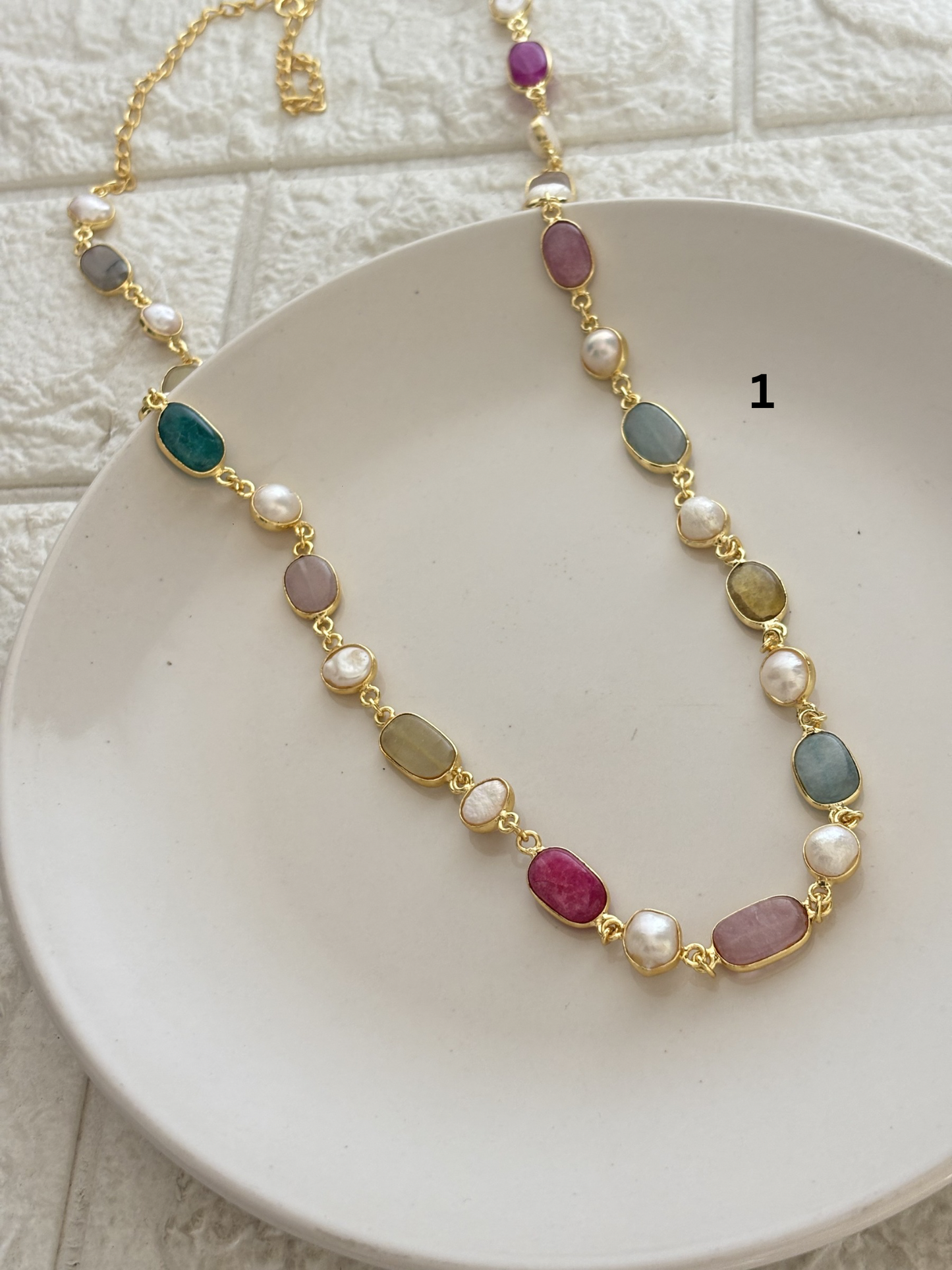 Pastel Treasure Beaded Natural Stone Chain-Brass