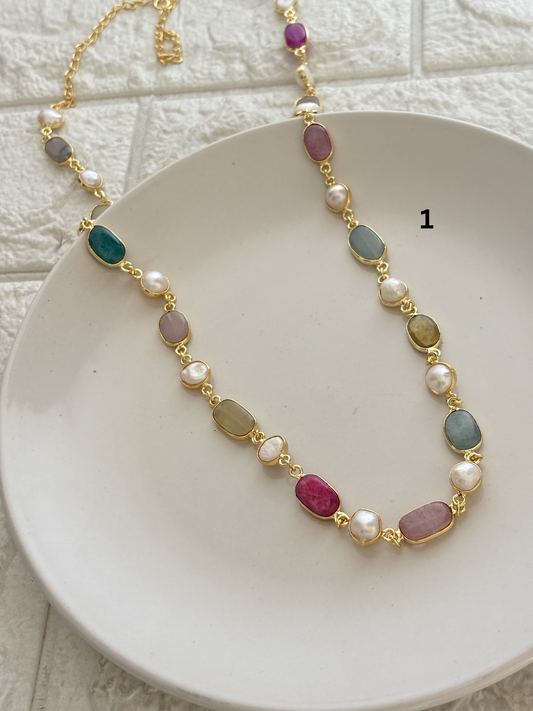 Pastel Treasure Beaded Natural Stone Chain-Brass