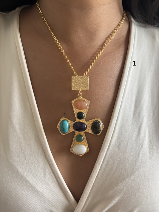 Cross Natural Stone Necklace- Brass