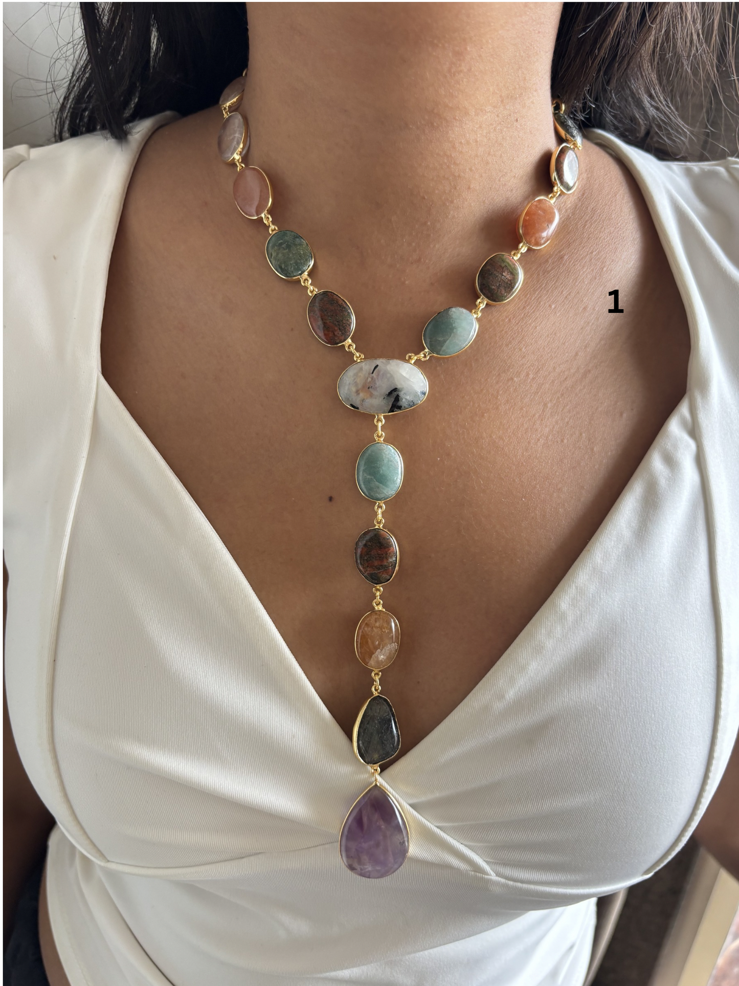 Veronica Natural Stone Y Necklace Brass