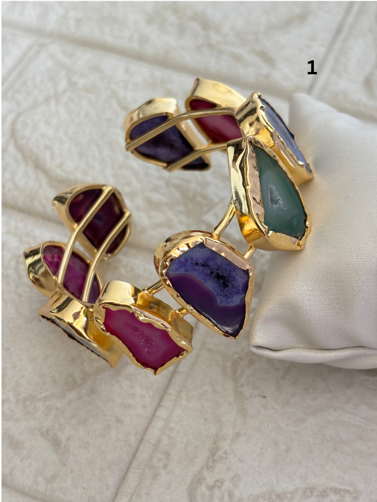 Multi-color Agate Adjustable Cuff Brass