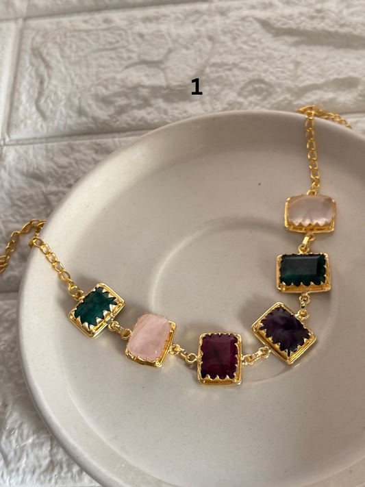 Renne Multi-color Natural stone Choker- Brass