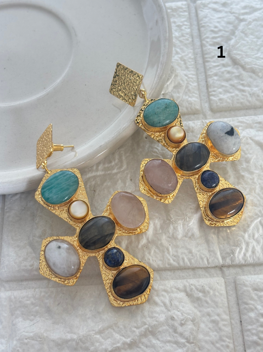 Cross Natural Stone Earrings- Brass