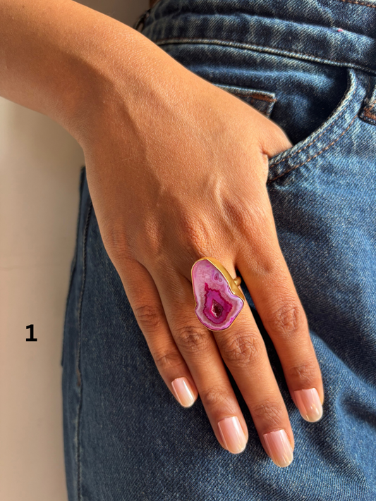 Mix Color Agate Adjustable Ring-  Brass