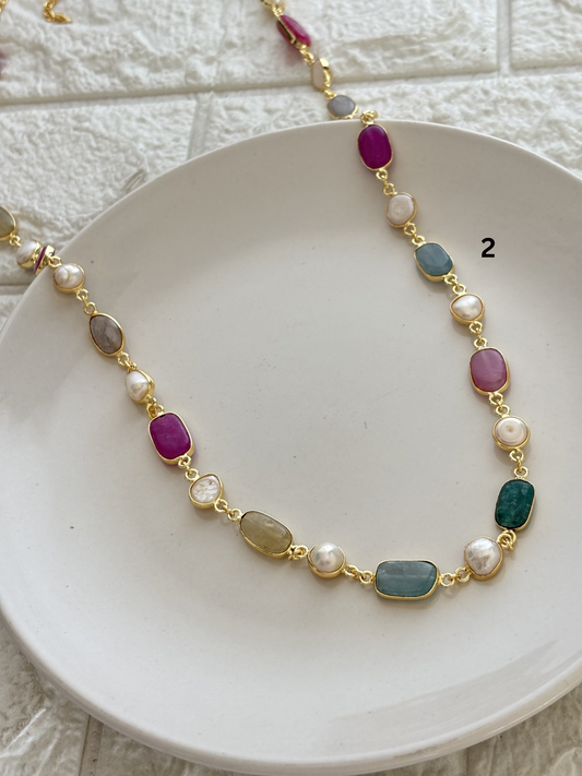 Pastel Treasure Beaded Natural Stone Chain-Brass