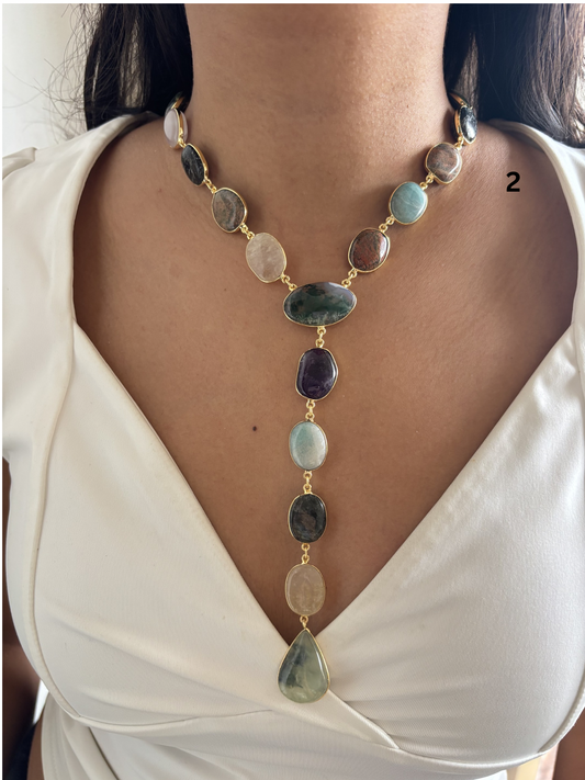 Veronica Natural Stone Y Necklace Brass