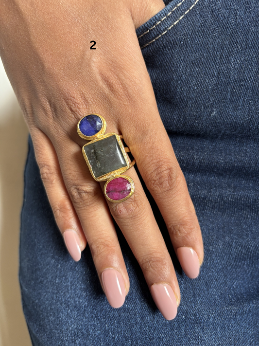 Charles Trio Natural Stone Adjustable Ring- Brass