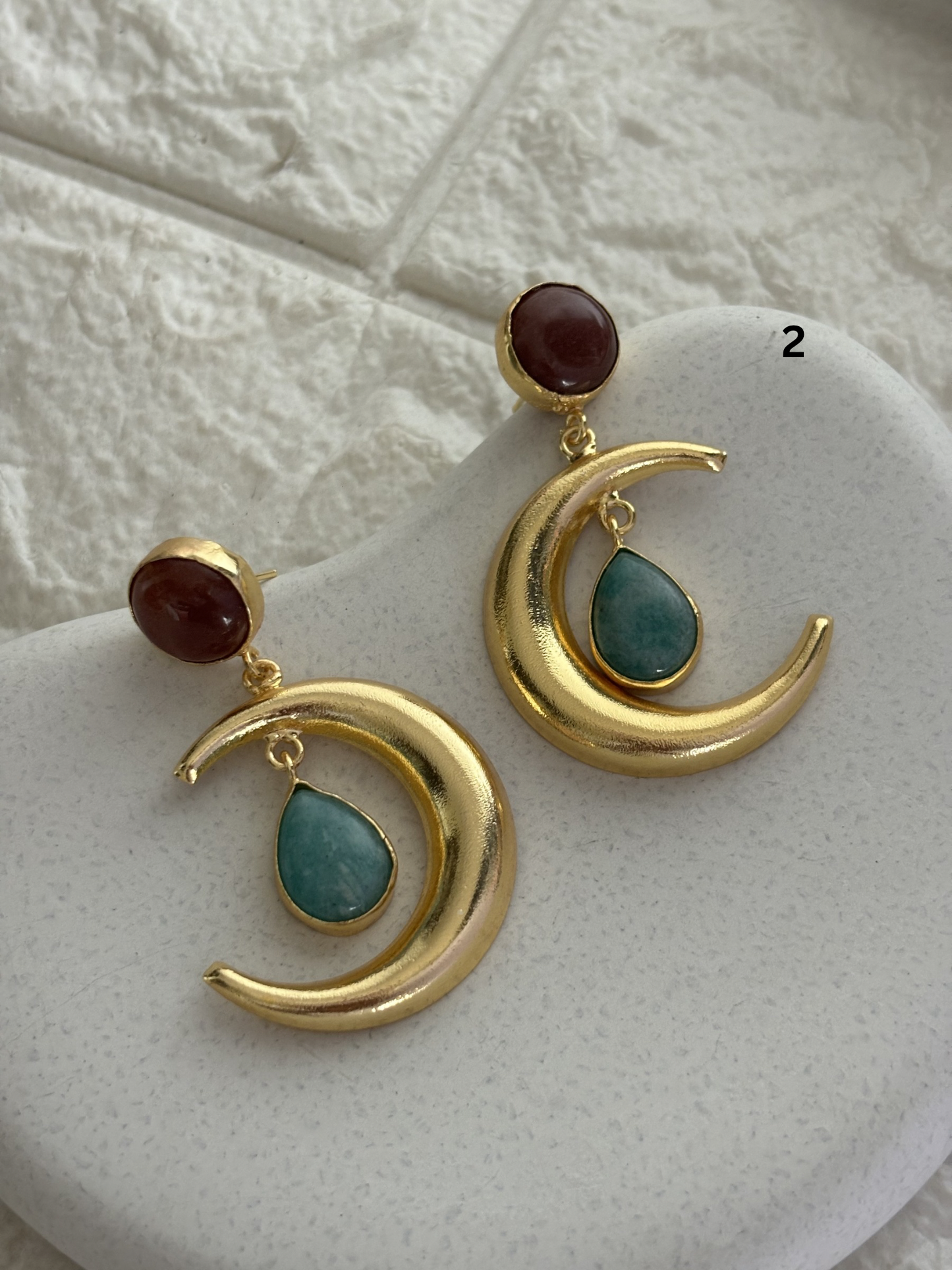 Crescent Moon Natural Stone Dangler Brass