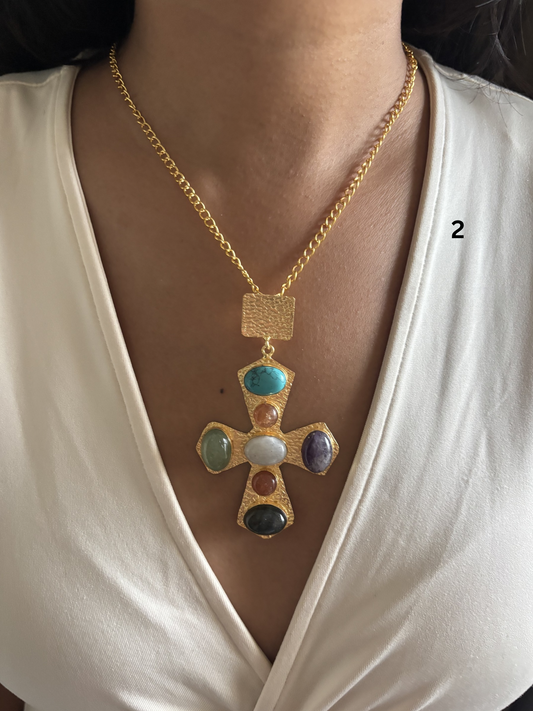 Cross Natural Stone Necklace- Brass