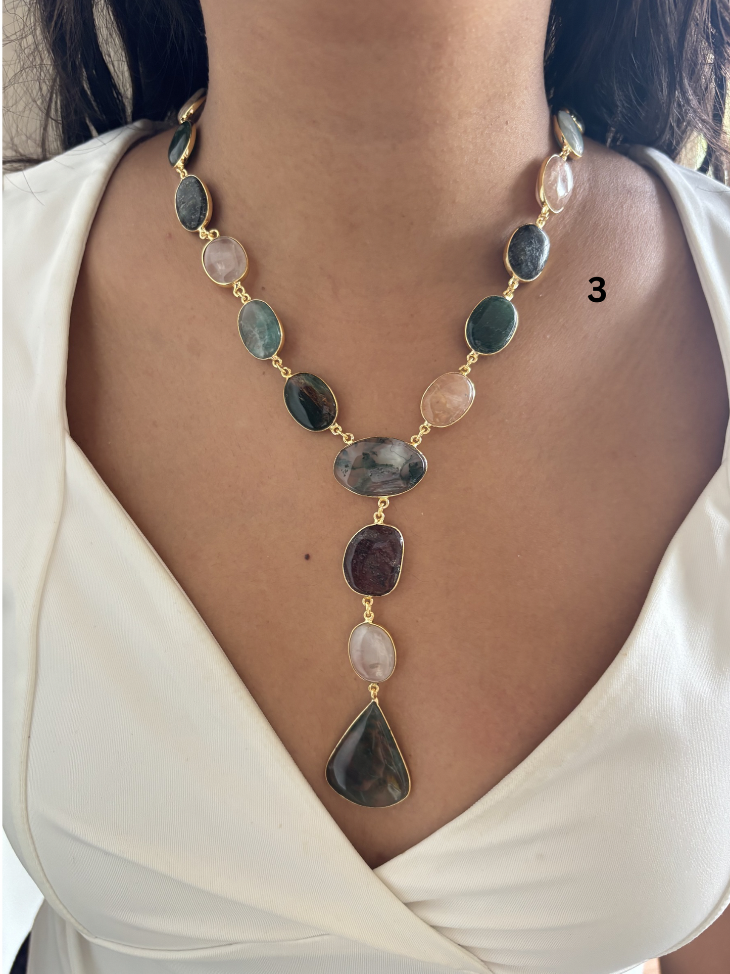 Veronica Natural Stone Y Necklace Brass