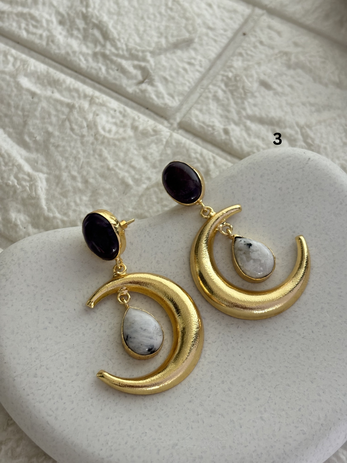 Crescent Moon Natural Stone Dangler Brass