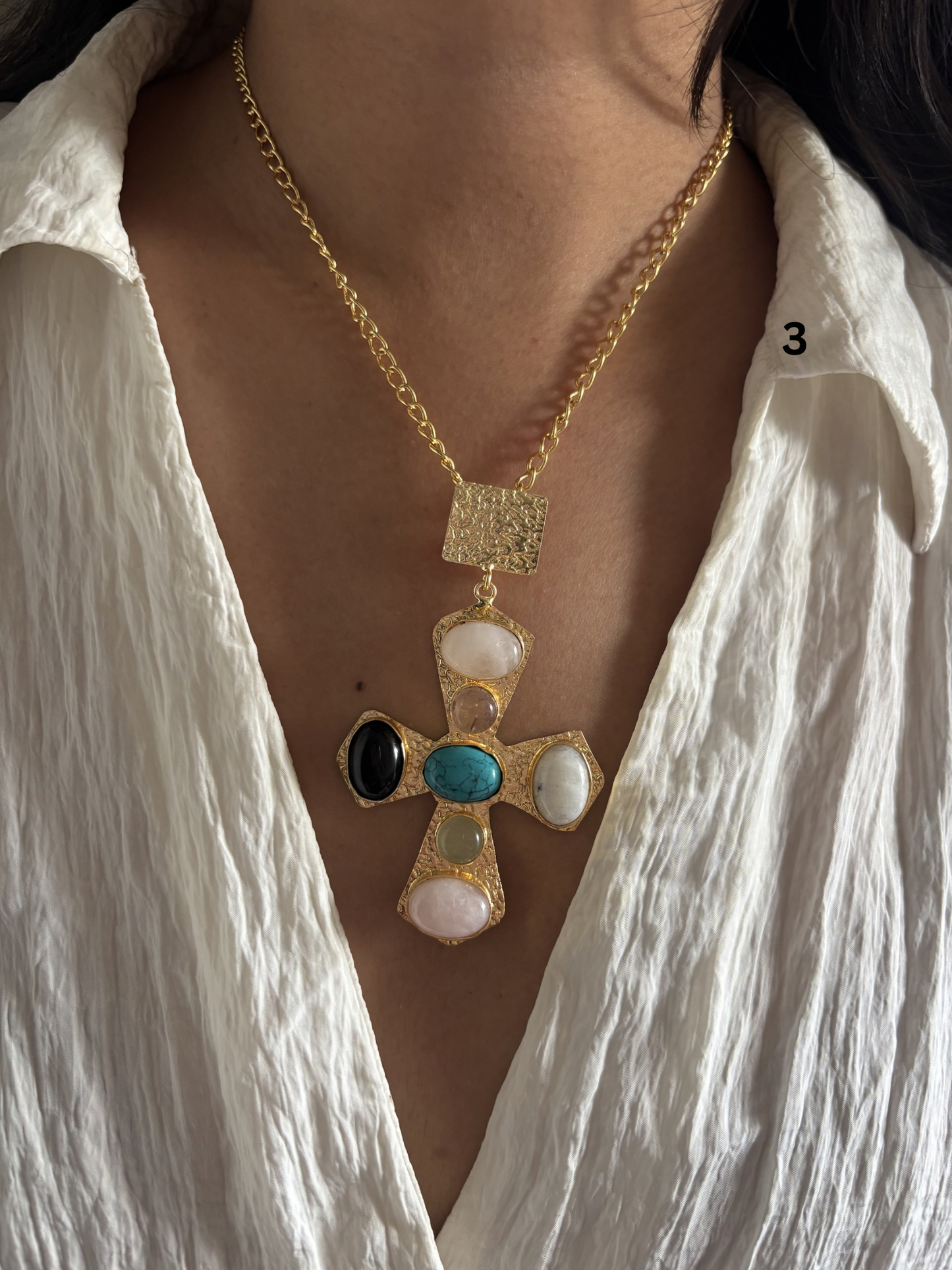 Cross Natural Stone Necklace- Brass