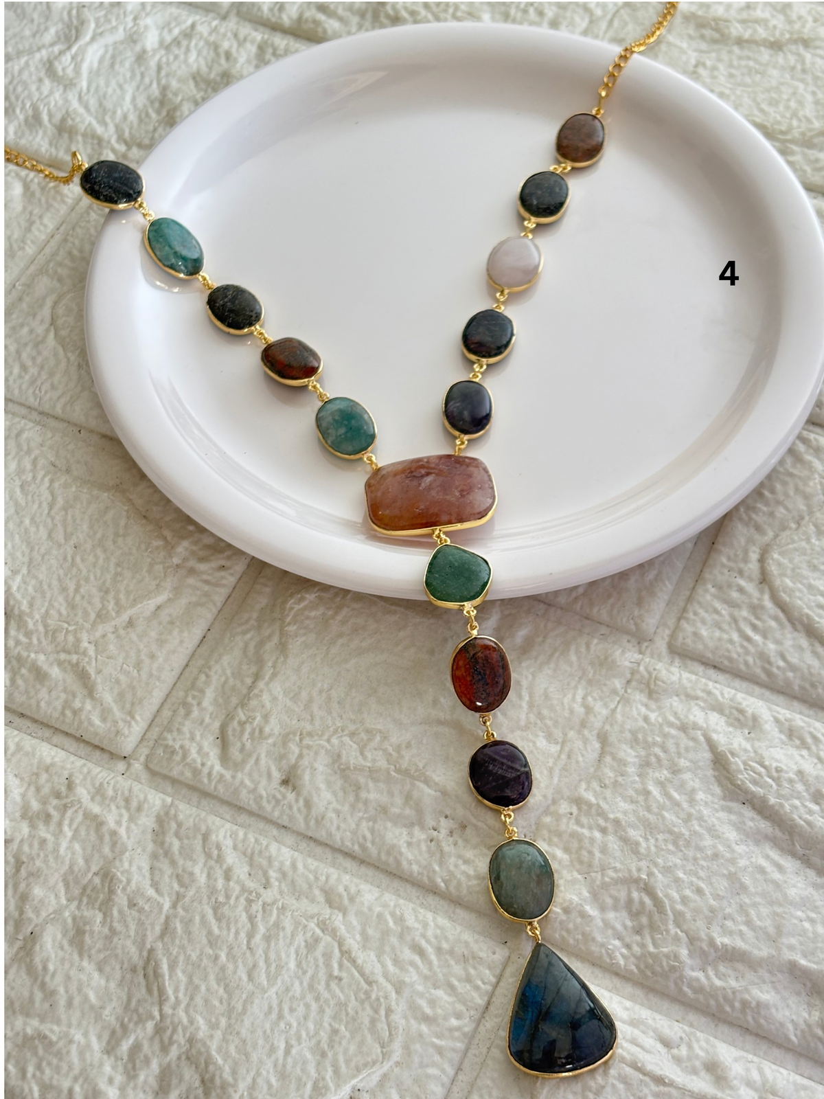 Veronica Natural Stone Y Necklace Brass