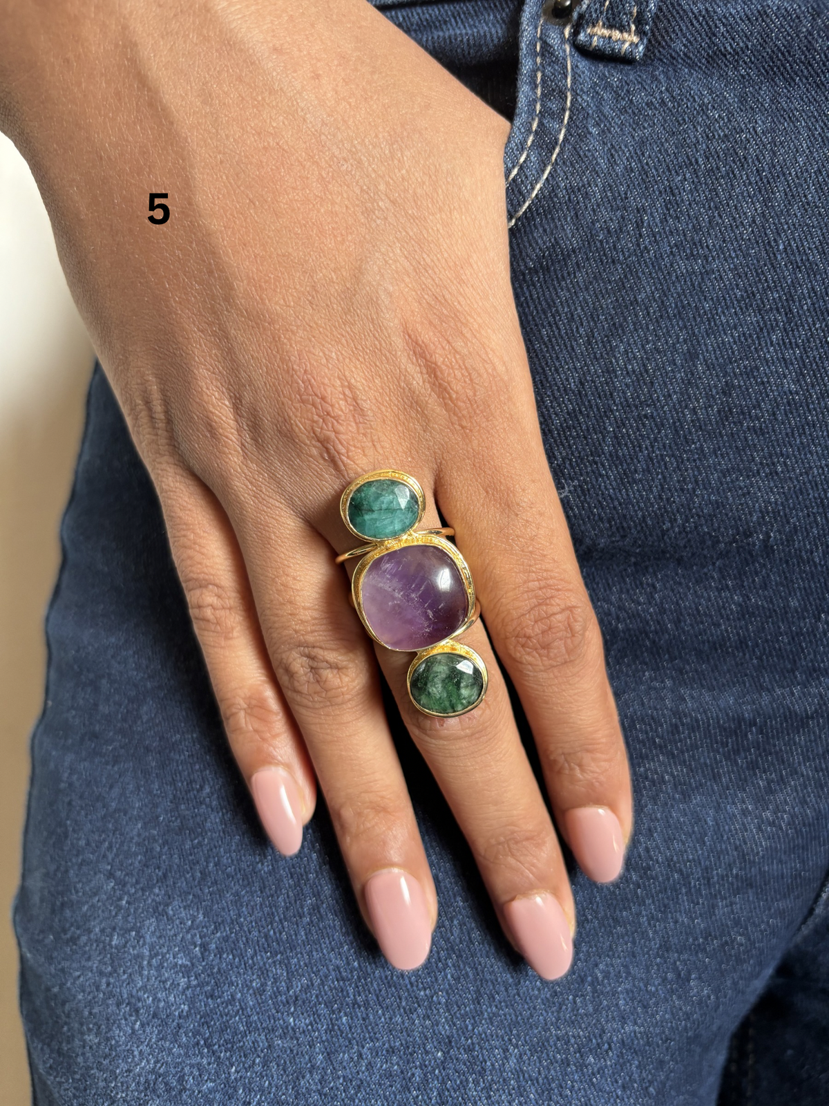 Charles Trio Natural Stone Adjustable Ring- Brass