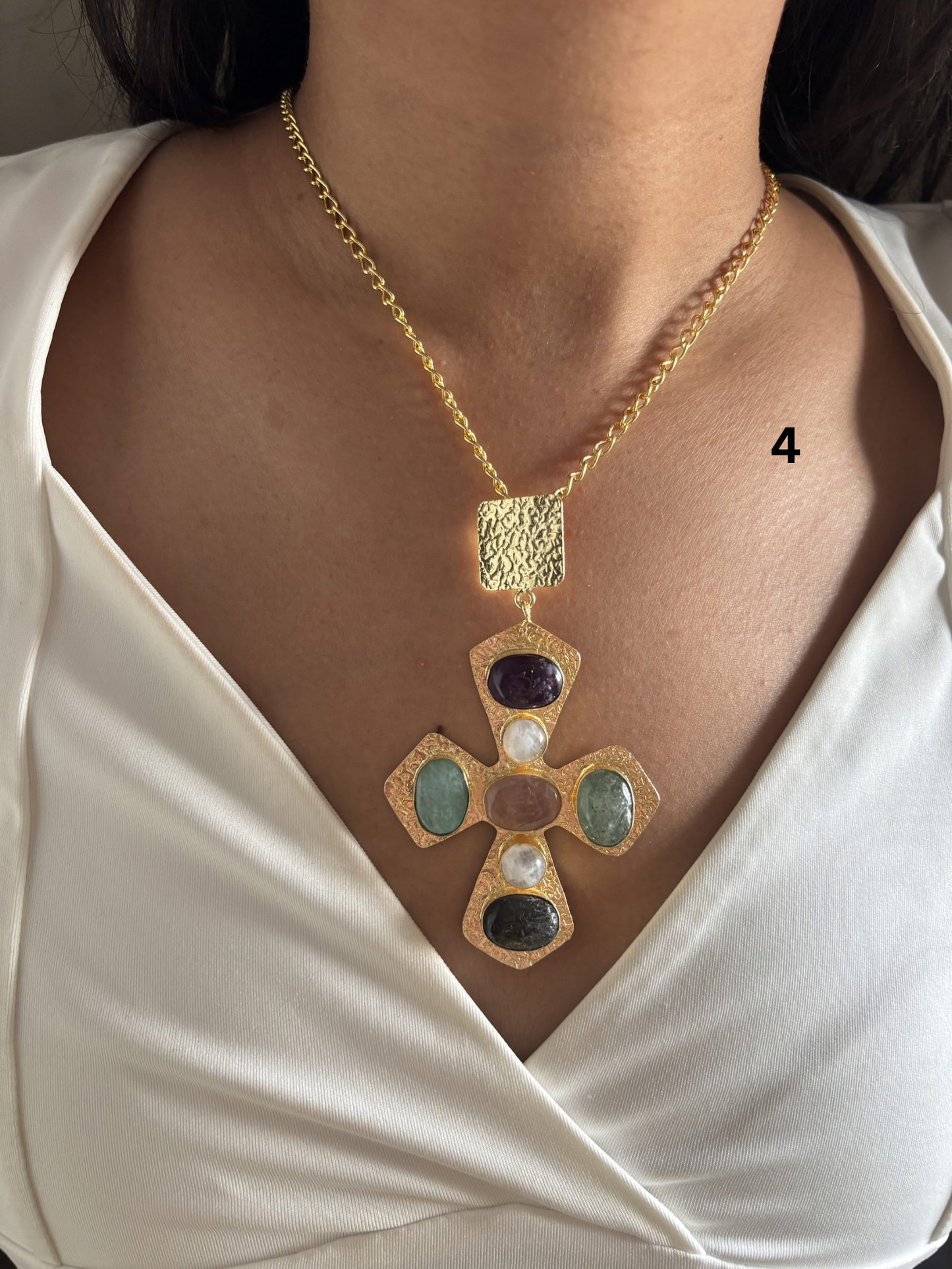 Cross Natural Stone Necklace- Brass