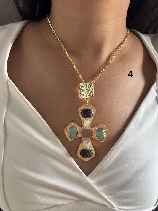 Cross Natural Stone Necklace- Brass