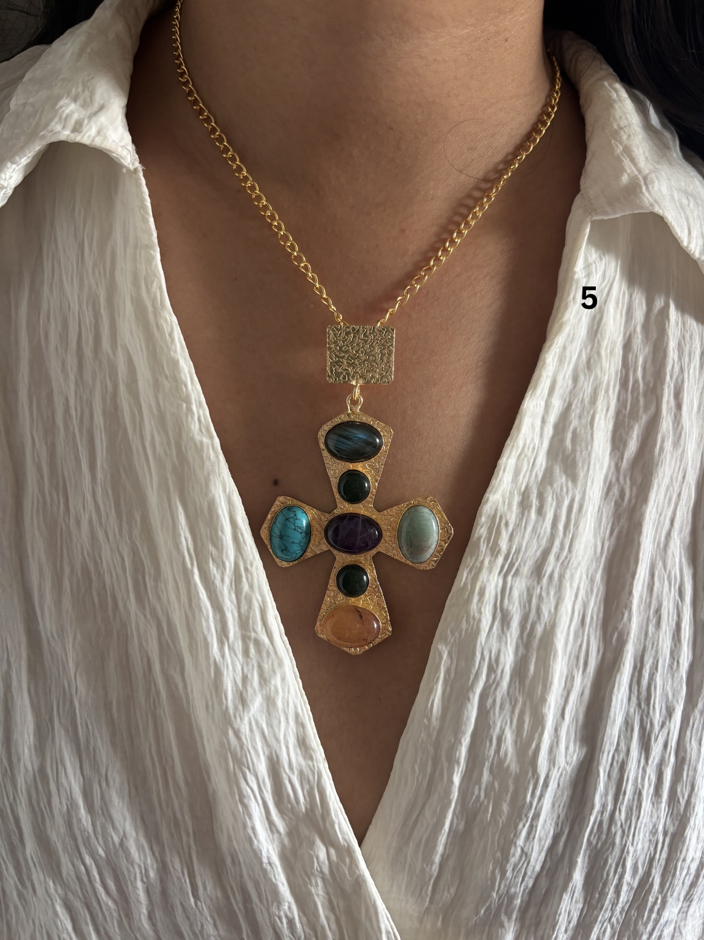Cross Natural Stone Necklace- Brass