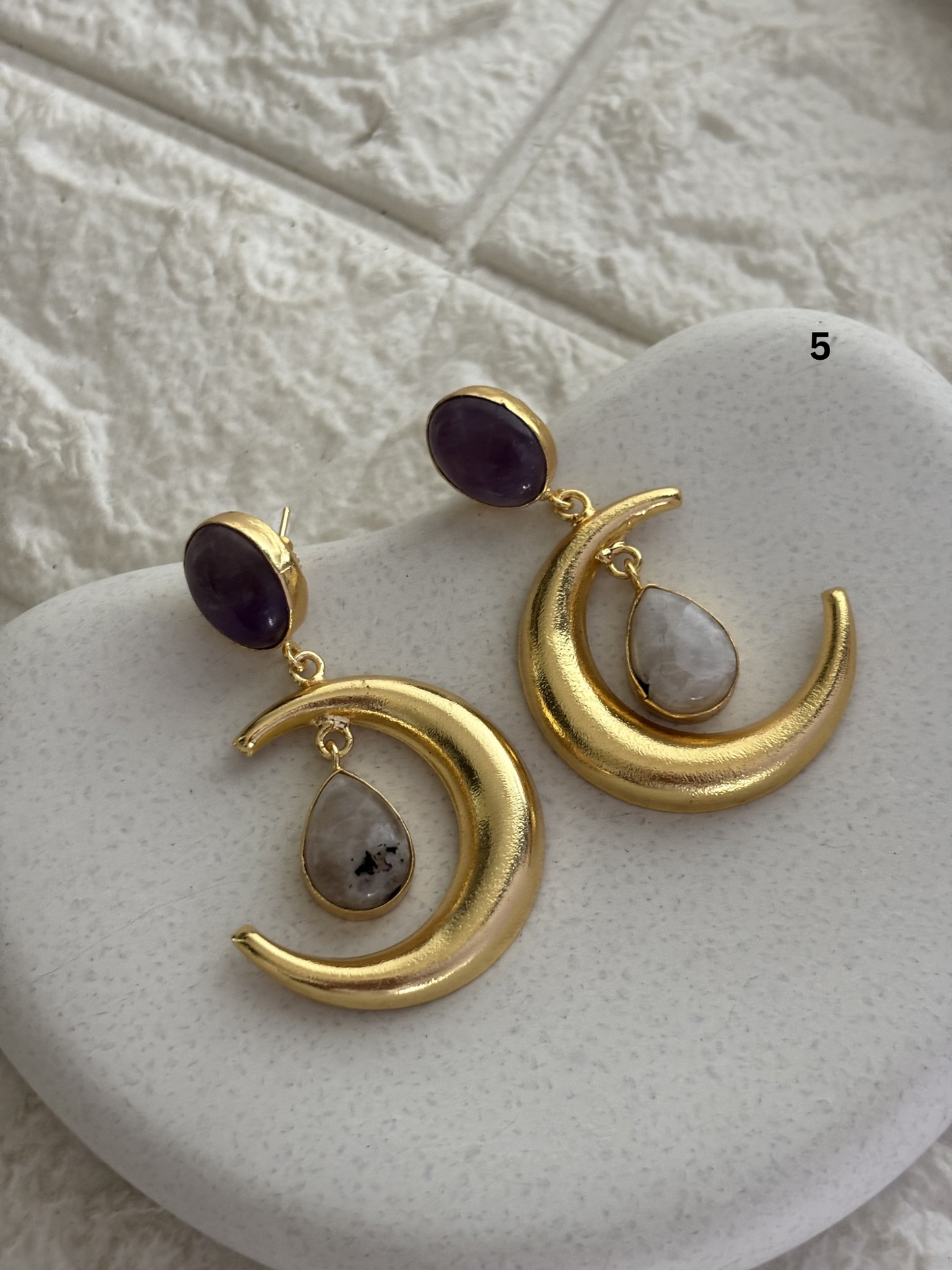 Crescent Moon Natural Stone Dangler Brass