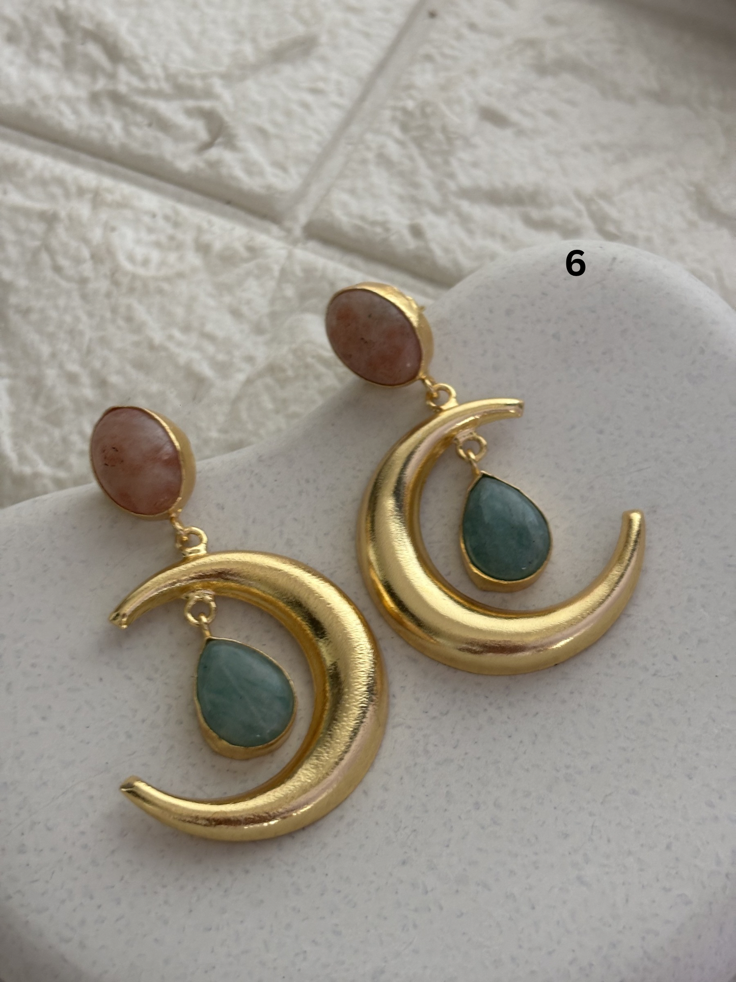 Crescent Moon Natural Stone Dangler Brass