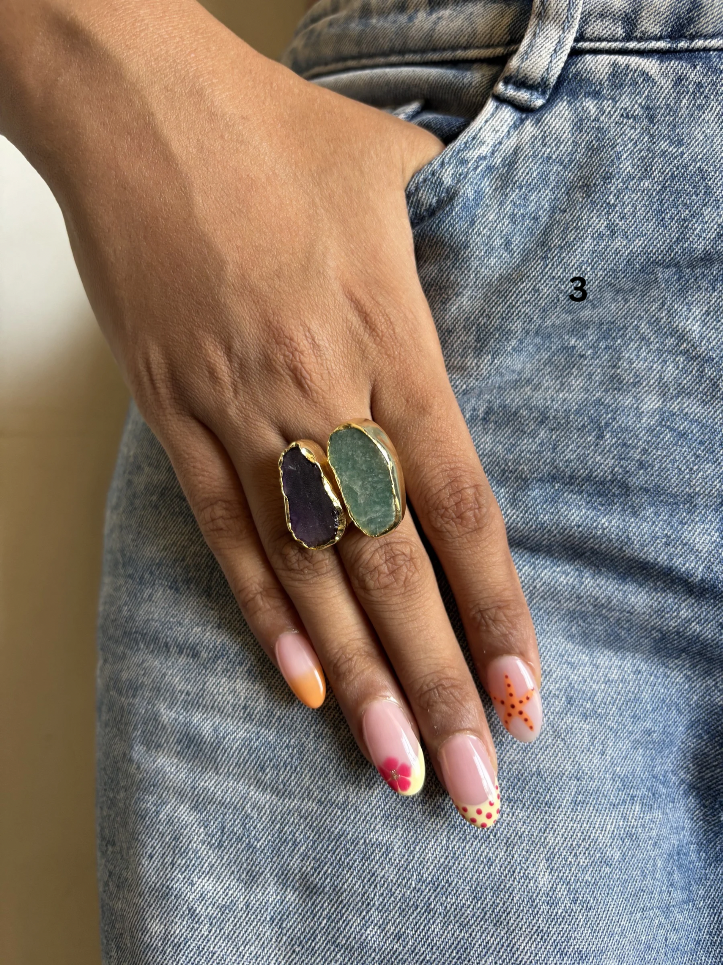 Duo Natural Stone Adjustable Ring - Brass
