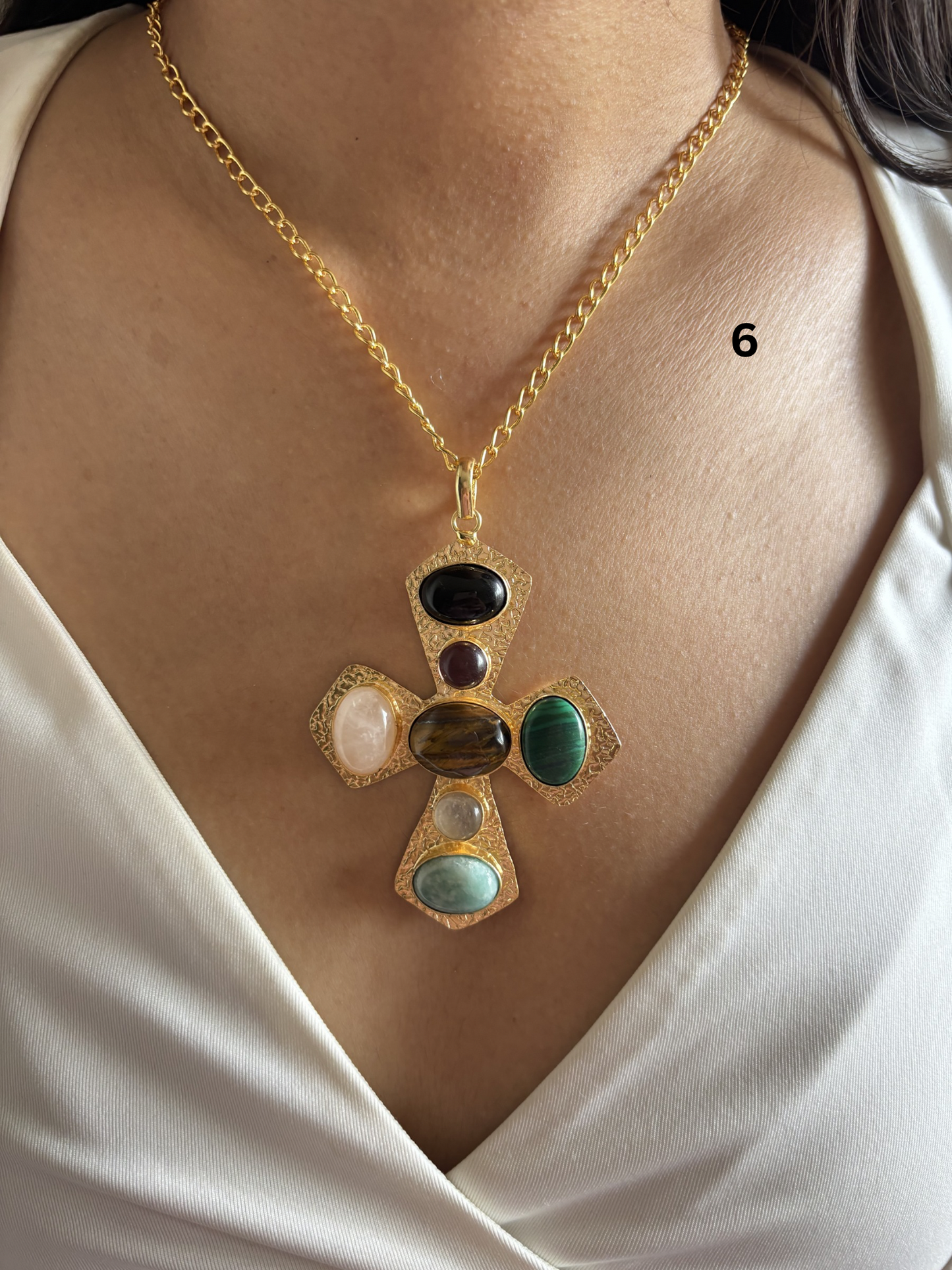 Cross Natural Stone Necklace- Brass