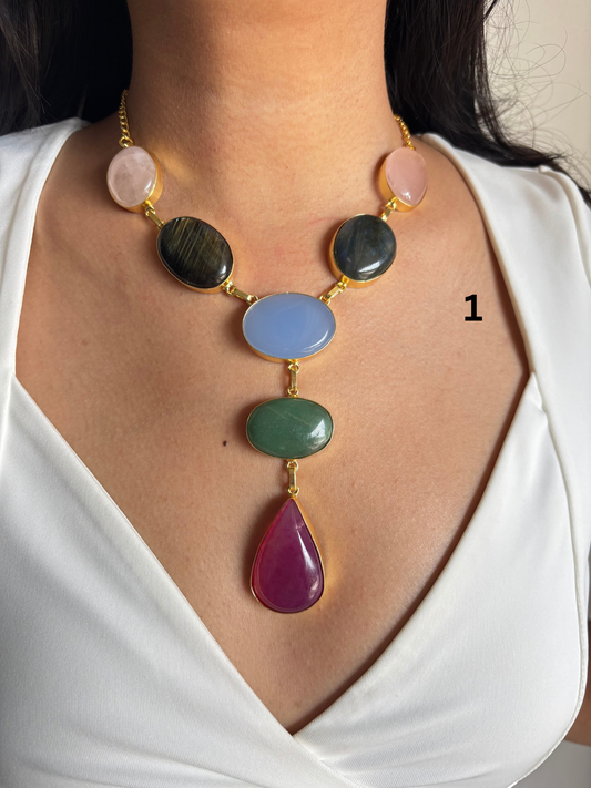 Queen Statement Y-Natural stone Necklace- Brass