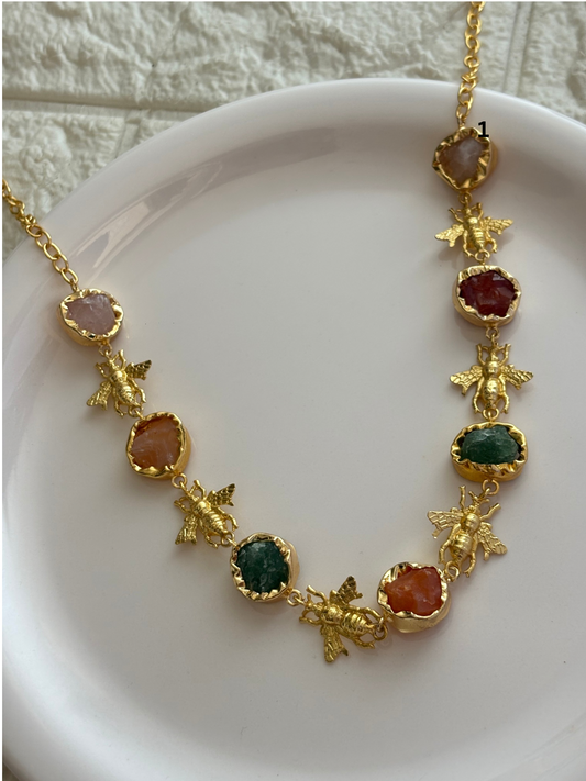 Buzz Bee Natural Stone Necklace - Brass