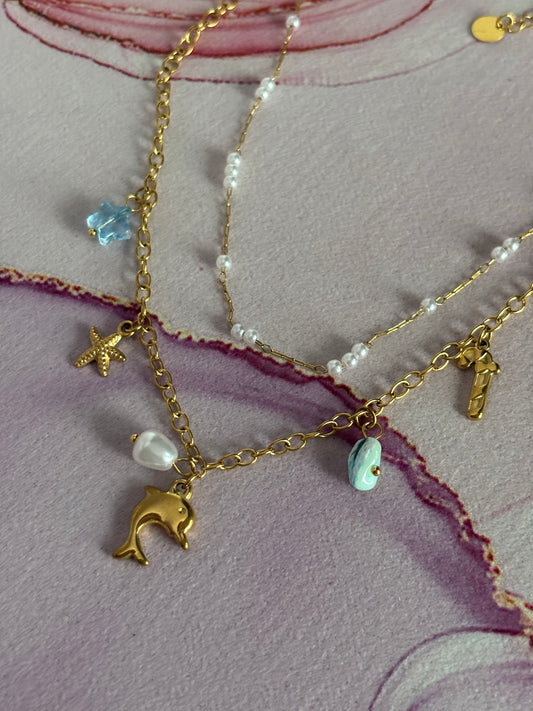 Dolphin-Pearl Charm Layered Necklace