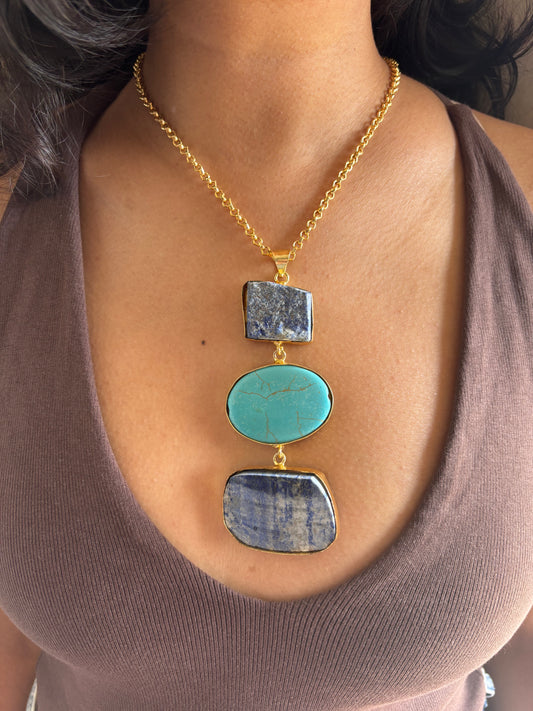 Ocean Blue Natural Stone Necklace - Brass