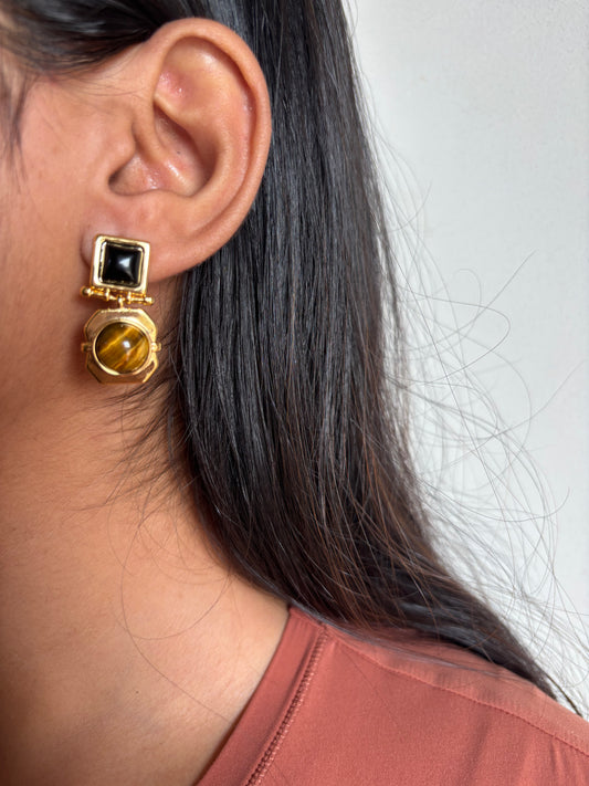 Vintage Tiger Eye Earring- Brass
