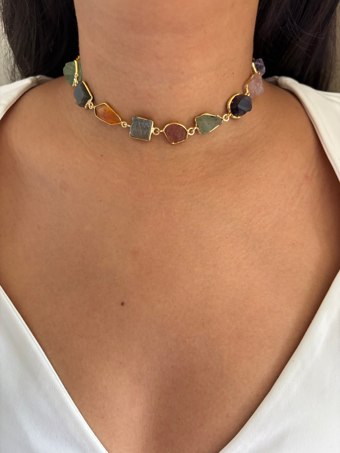 Sleek multi-color natural stone choker- Brass